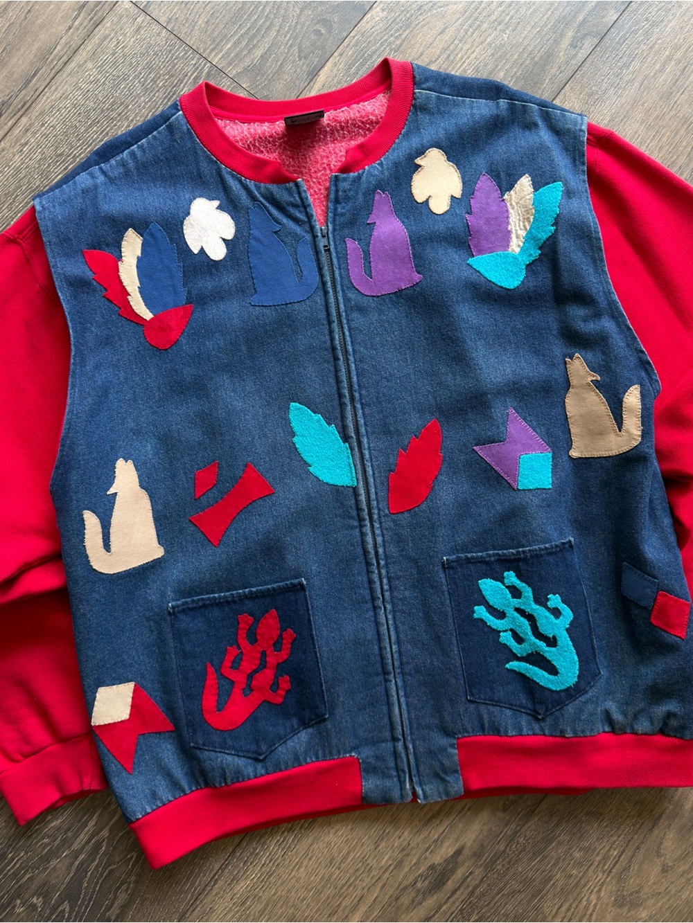 Women’s XL Denim Applique Sweatshirt Jacket Southwest Aztec Full Zip Vintage 90s - Picture 5 of 9